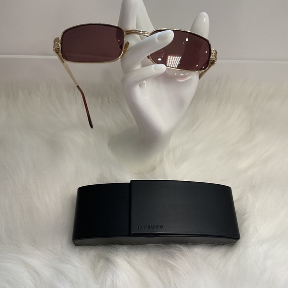 Rectangular Dark Brown Prescription Lens Sunglasses/Gold Tone Frame/Unisex/Case - Picture 8 of 16